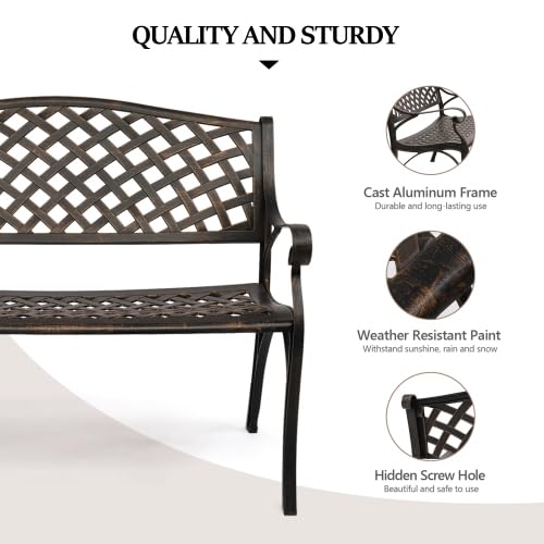 Bonnlo Banc Exterieur Jardin en Aluminium Moulé|Style Vintage avec Dossier et Assise à Mailles|Banquette,Bancs de Jardin Robuste pour Terrasse, Balcon et Patio|102 cm, Bronze Antique