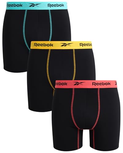 Reebok Mens Boxer Briefs - 3 Pack Athletic Stretch Moisture Wicking 6” Inseam Mens Underwear Boxer Briefs with Contour Pouch, Size Large, All Black