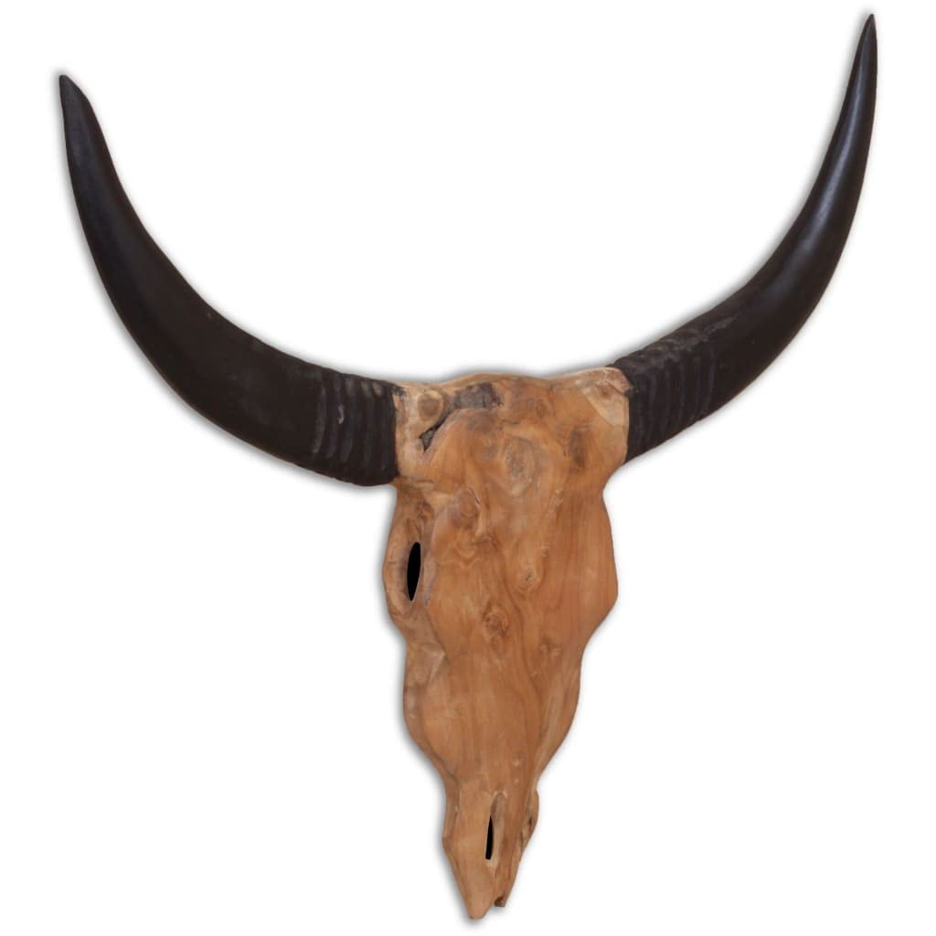 Wandmontierte Stierkopf Skulptur aus Teak, handgefertigte Figur für Wohnzimmer, Deko für Regal, Kaminsims, Fensterbank, Eingang, Terrasse und Balkon, 69 x 6 x 60 cm