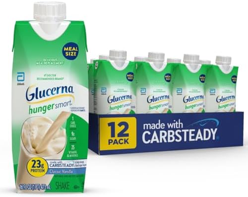 Glucerna Hunger Smart Meal Size Shake, Diabetic Meal Replacement, Blood Sugar Management, 23g Protein, 250 Calories, Homemade Vanilla, 16-fl-oz Carton, 12 Count
