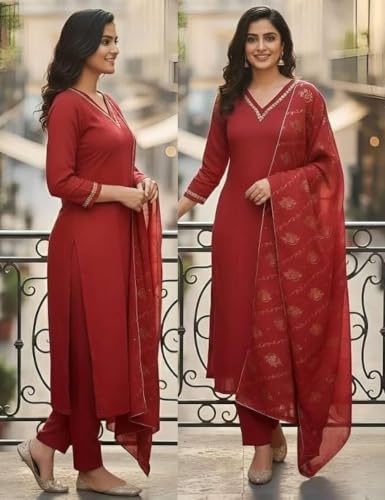 Image of Women's Blue Color Polyester Kurta Set with Pant & Dupatta | 3-Piece Suit