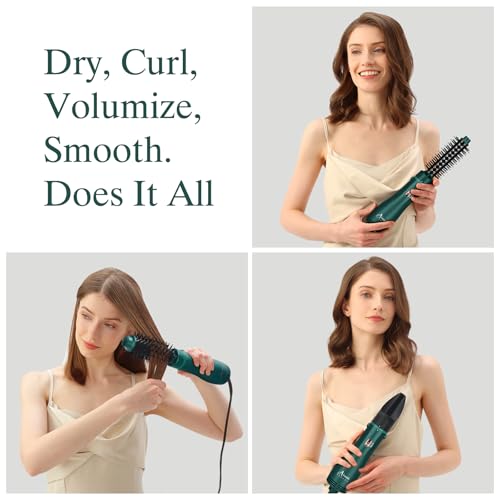Image of Aima Beauty Blow Dryer Brush Set - 4-in-1 Round Brush Blow Dryer Adds Shine, Smooth, Curl & Volume for Short to Medium Hair, Interchangeable 1 inch & 1.25 inch Round Barrel, Ionic Frizz Control, Dark Green