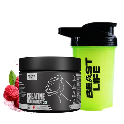 Image of BeastLife Micronised Creatine Monohydrate with Free Shaker | 125g | 33 Servings | Litchi | NABL Lab Tested | Rapid Absorption for Muscle Strength & Athletic Performance | Super Micronised Creatine Powder