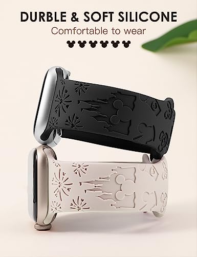 Girovo 2 Packs Cartoon Bands Compatible with Apple Watch Bands 41mm 40mm 38mm Girls Women, Stylish Soft Silicone Cute Engraved Strap for iWatch Series 9/8/7/6/5/4/3/2/1/SE/Ultra/Ultra2-Starlight&Black