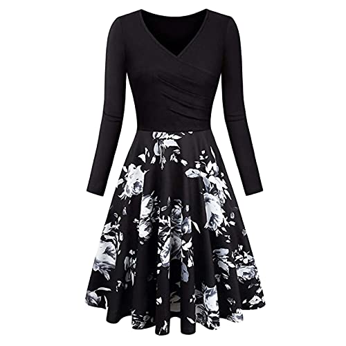 Damen Langarm A-Linie Kleid 60er Jahre Rockabilly 3/4 Ärmel Black-1,M