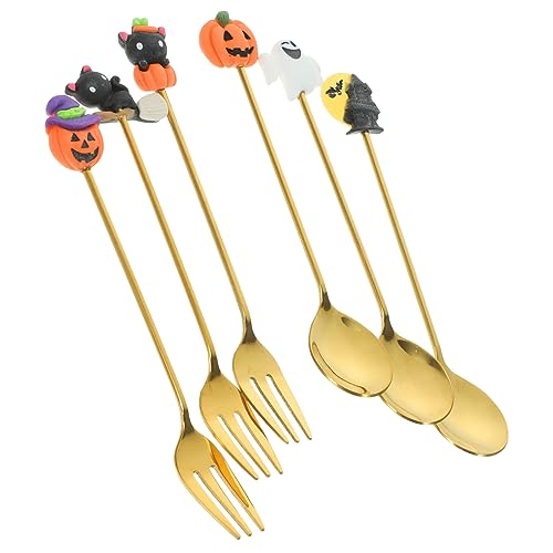 Garneck 1set Halloween Themed Stainless Steel Fork and Spoon Set Cute Tableware Pumpkin Ghost Bat and Cat Designs Portable Easy Halloween Parties