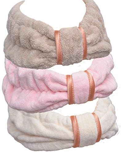 Soft Microfiber shower handbands - spa facial makeup handbands Elastic Hair Band Hairlace Headband Cosmetic Headband for washing face, 3pcs brown, pink and cream yellow
