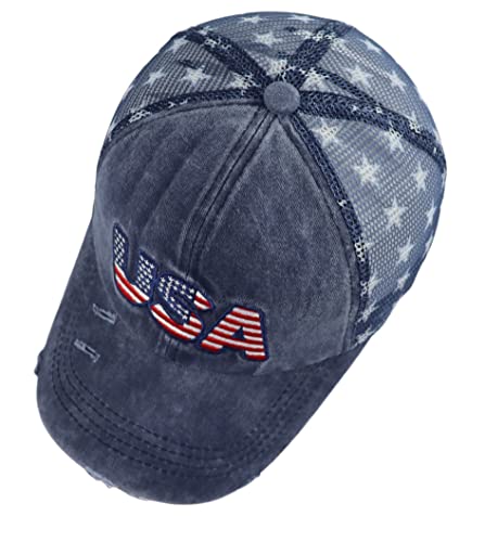 Image of American Flag Trucker Hat for Men Women, Adjustable Vintage Embroidery Washed Distressed USA Baseball Cap