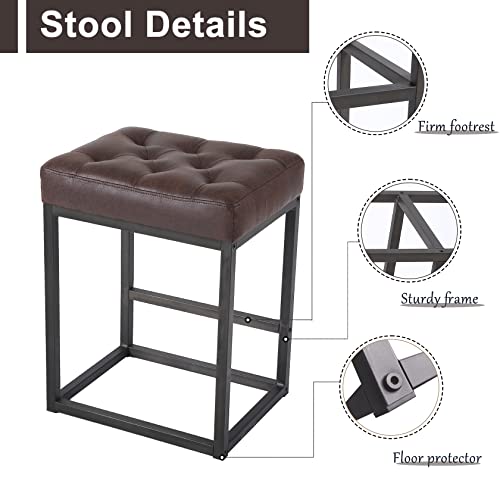 Counter Height Bar Stools Set Of 2 Industrial Stools Geometric Upholstered Barstools, 24 Inch Mid Century Barstool Backless Leather Stool Chair With Footrest For Kitchen Island Dining Room, Brown #TOP1