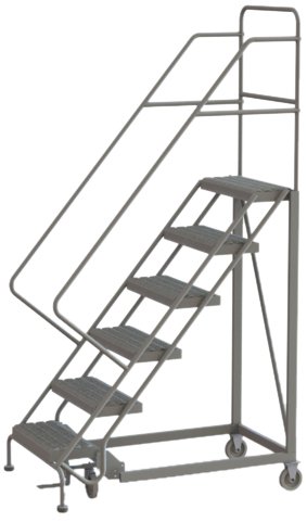 Image of Tri-Arc KDEC106242 6-Step Forward Descent Safety Angle Steel Rolling Industrial and Warehouse Ladder with Grip Strut Tread, 24-Inch Wide Steps