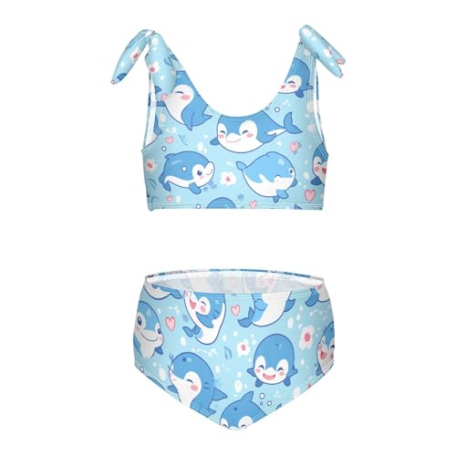 KLL Flock Dolphins Sea Marine Pattern Girls 2 Piece Bikini Set Scoop Neck Swimsuits Swimming Suits Adjustable Strap