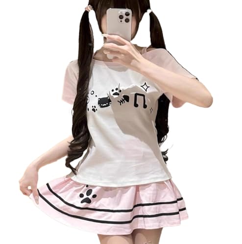 Y2K Kawaii Cutecore T-Shirt for Women Hrajuku Cartoon Off Shoulder Stripe Tops Slim Fit Patchwork Preppy Shirts - Large - Pink