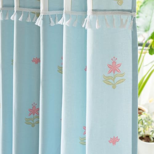 Image of Tranquebar Curtain Co. Cotton Curtains 8 Feet Long Set of 2, 60-65% Room Darkening, Turquoise Floral Print, Door Curtains 8 Feet Set of 2, BackTabs, Taj (244 cm) - Set of 2