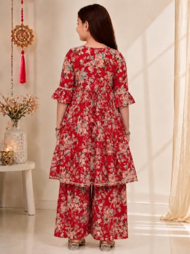 Image of Preneum Girls's Cotton Rayon Gota Pati Floral Printed Angrakha Kurta with Sharara