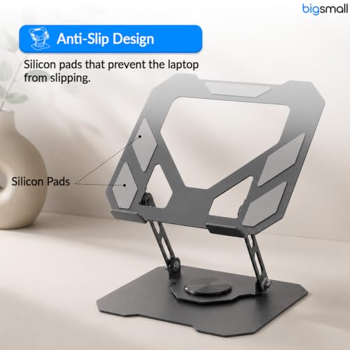 Image of Bigsmall Adjustable Foldable Laptop Stand with Magnetic Phone Holder - Anti-Slip Aluminium Alloy Stand for Laptop, Tablet & Mobile (4-16 Inch Compatible, Portable & Lightweight) (Grey Pack of 1)