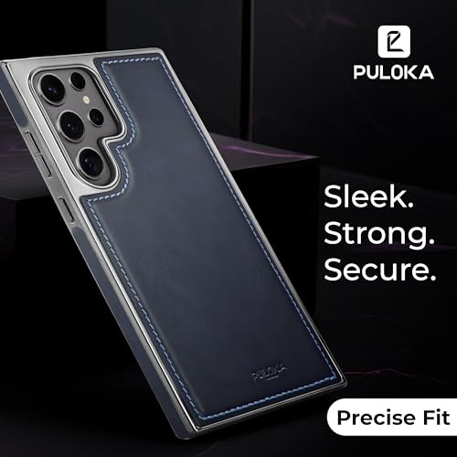 Image of PULOKA Chrome Leather Back Case - Compatible with Samsung Galaxy S23 Ultra - Luxury Bumper Case - Flexible Vegan Leather - Electroplated Sides - Full Camera Protetection & Raised Edges - Blue