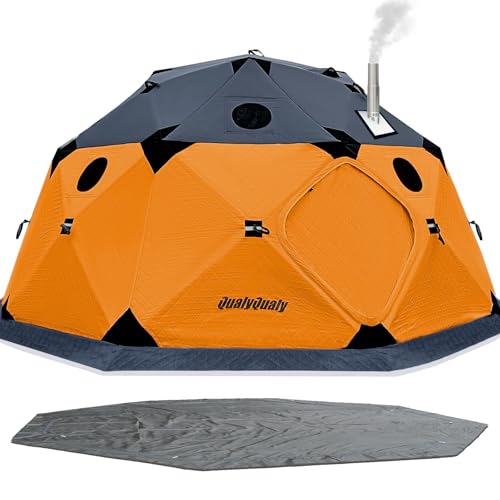 QualyQualy Ice Fishing Tent with Floor, 8-10 Person Insulated Tent Ice Fishing Shelter, 147 Square Feet Pop-Up Ice Shanty with Stove Jack, Winter Windproof Ice Shack Hut with Carrying Bag(Orange)