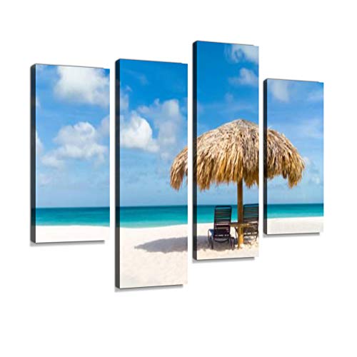 Straw Umbrella On Eagle Beach, Aruba Canvas Wall Art Hanging Paintings Modern Artwork Abstract Picture Prints Home Decoration Gift Unique Designed Framed 4 Panel #TOP22