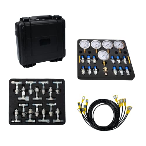 Image of Hydraulic Pressure Test Kit for Excavator, Includes 13 Couplings & 14 Tee Connectors, 6 Test Hoses, 5 Pressure Gauges (150 /1500 /3500 /6000 /9000 PSI)