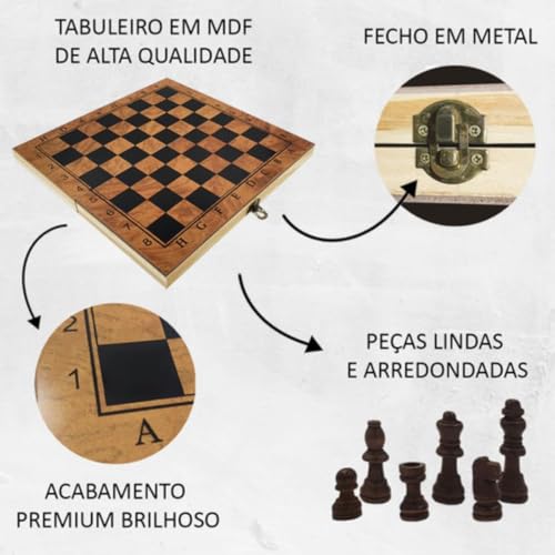 Jogo de Xadrez Maleta 3 em 1 de Madeira - Tabuleiro Portátil de 29cm com Xadrez, Dama e Gamão - Conj