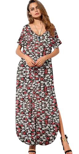 Image of GRECERELLE Women's Summer Maxi Dress Casual Loose V Neck Short Sleeve Side Split Long Dresses with Functional Pockets