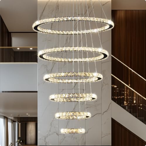 Modern Crystal Chandelier for High Ceiling Lights Fixtures Luxury 6 Ring Led Chandelier for Dining Room Big High Ceilings Foyer Chandeliers for Living Room Entryway Staircase, D8"-12"-16"-20"-24"-28"