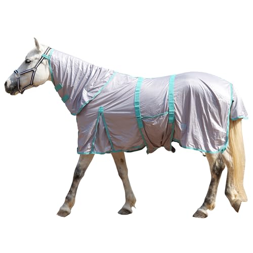 Gallopoff Fliegendecke Pferde mit Halsteil atmungsaktive Sommerdecke mit UV-Schutz und Scheuerschutz Verstellbarer Brustverschluss Bauchgurte Beinschnüre und Schweiflatz Gray 110 cm