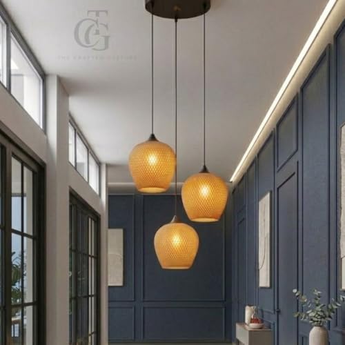 Image of Boho Set of 3-Heads of Tapered Drum Pendant Lights|Wooden Woven Cluster Hanging Lamp for Dining Table, Cafe & Living Room Decor