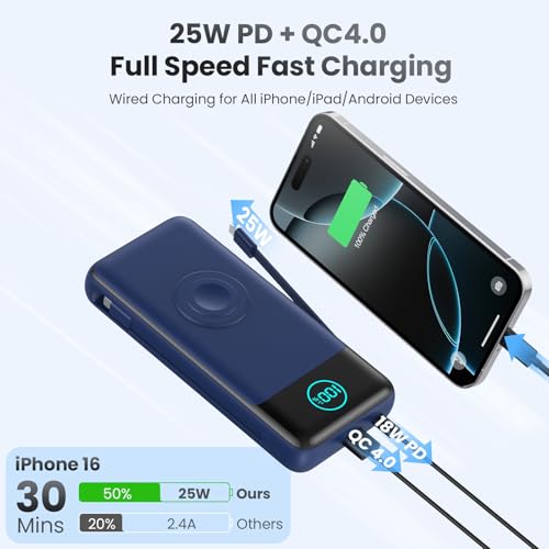 Image of Portable Charger for iPhone with Built-in Cables and AC Wall Plug,26800mah Fast Charging USB C Power Bank,25W PD Travel Essential Battery Pack for iPhone 17 /16 /15 /14 /13,Galaxy,Apple Watch (Blue)