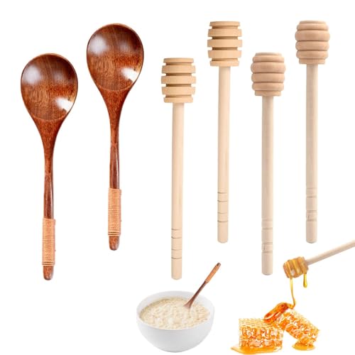 ASISUN 6 Pièces Set Cuillères & Agitateurs à Miel - 2 Cuillères à Miel en Bois + 4 Bâtonnets Mélangeurs Spirale arroseur de Miel pour Pot de Miel