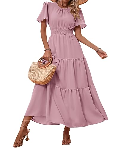 Image of PRETTYGARDEN Women's Casual Smocked Boho Floral A-Line Maxi Dress 2026 | Summer Short Flutter Sleeve Crewneck Tiered Long Sundress,Fall Wedding Guest Dresses,Spring Cute Flowy Beach Vacation Clothes