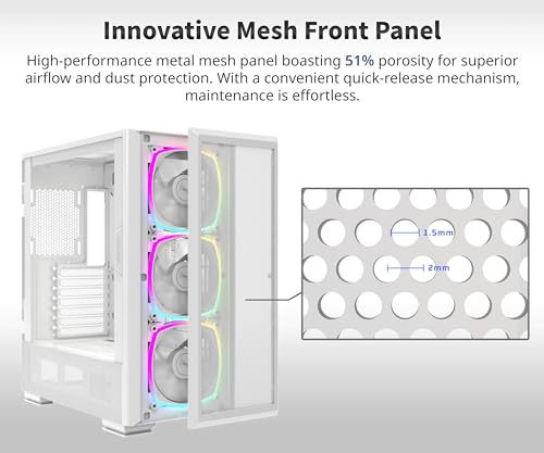 Gabinete para PC MonteCh Sky Two GX High Airflow E-ATX, 3 ventiladores ARGB de 140 mm, blanco, soporte para GPU de hasta 400 mm, soporte para radiador de 360 mm, panel de malla, USB-C, vidrio giratorio, hasta 11 ventiladores, soporte vertical para GPU miniatura 5