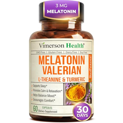 Melatonin 3mg Sleep Aid with L-Theanine & Valerian Root – Turmeric Curcumin Supplement with Ginger & Black Pepper – Organic Turmeric Supplement for Sleep, Calm and Stress Relief Support – 60 Capsules