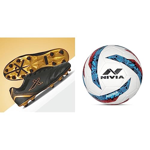 Image of Vector X Blaze-2.0 Football Shoes for Men's (8, Black-Gold) & Nivia Astra 32 TPU Football Size - 5 White