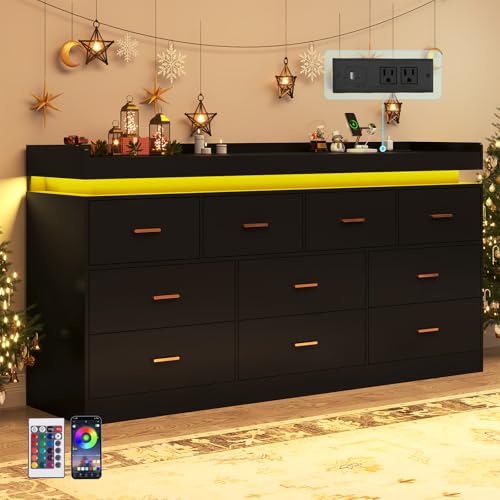 Image of jiteentarou 10 Drawer Dresser with Charging Station and LED Lights, Modern Chest of Drawers with Power Outlet, Organizer Cabinet for, Living Room, Entryway, Black