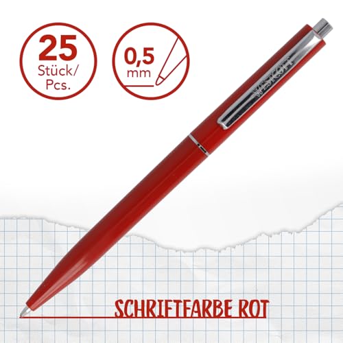 Westcott Kugelschreiber ALLTIME Rot 25 Stück | Vorteilspack Druckkugelschreiber mit roter Tinte | Strichstärke M mit X20 Standardmine | Dokumentenecht ISO 12757-2 | Stabiler Metallclip | E-737449 00