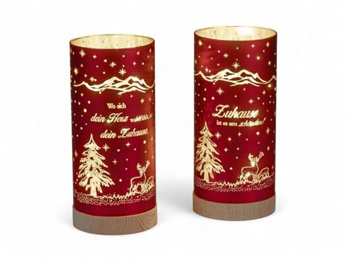 formano 2er Set LED Deko-Licht Zylinder Farbglas Rot mit Spruch 20 cm mit...