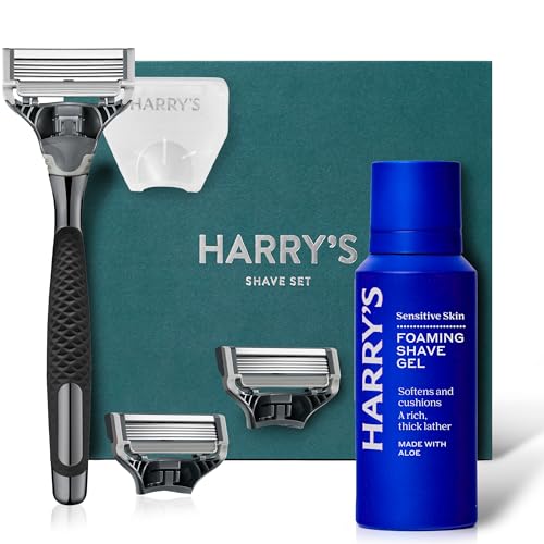 Harrys Original Gun Metal Razor Gift Set Includes Gift Box Weighted Handle 3 Cartridge Refills Travel Cover and 60ml Shave Gel