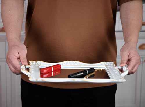 Tstarer Dekoratives antikes quadratisches Spiegeltablett mit goldenem Rahmen, Schmuck- und Kosmetik-Organizer für Kommode, quadratisch, 36,8 x 24,1 cm (B x T) (weiß)