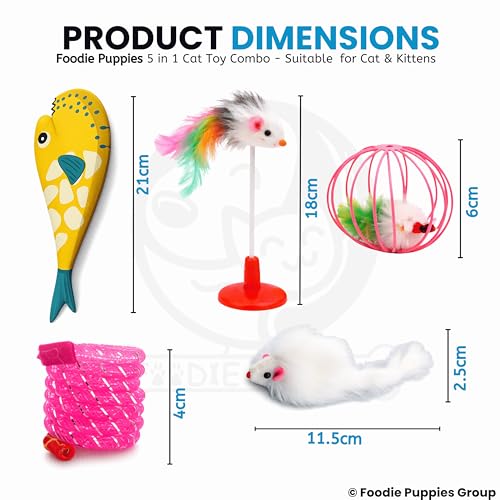 Image of Foodie Puppies 5-in-1 Interactive Cat Mini Toy Combo for Cats & Kittens | Blowfish Toy, Mouse Cage Ball, Spring Coil, Fur Mouse Stick & White Fur Mouse | Indoor Play & Exercise Toys