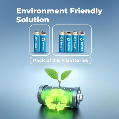 Image of Toreto Pulse AA USB-C Rechargeable Li-ion Battery 4255mWh (2 Pack) with Constant 1.5V Output, 2.5A High Discharge, Direct Type-C Charging, 1000+ Cycles, Leak-Proof Design
