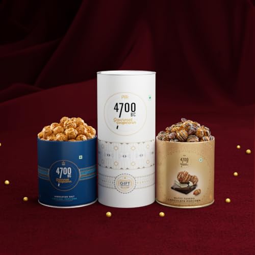 Image of 4700BC Gourmet Popcorn, Combo box,(2 Tins: 1 Himalayan Salt Caramel, 1 Nutty Tuxedo Chocolate), 275gm