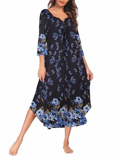 Ekouaer Long Nightgown for Women 3/4 Sleeves Nightshirt Maxi Sleep Dress Plus Size Loungewear Full Length Sleepwear
