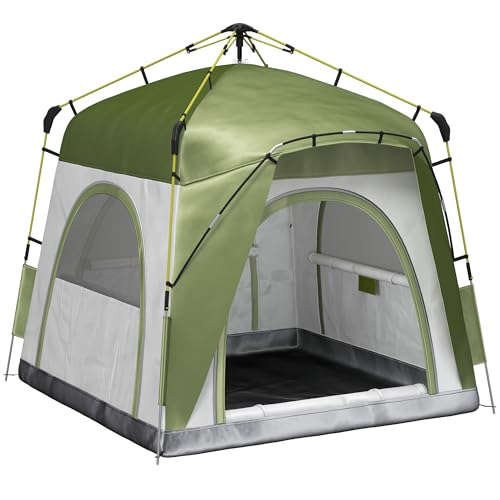 Outsunny Tenda Campeggio 2 Posti, Tenda a Igloo Pop Up con 4 Porte a Cerniera e 4 Finestre a Rete, Sacca di Trasporto Inclusa, Protezione UV, 240x240x199cm, Verde
