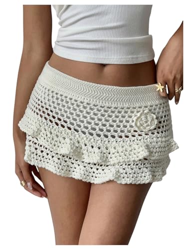 Milumia Women's 3D Floral Crochet Mini Skirt Low Waist Ruffle Layered See Through Beach Skirts