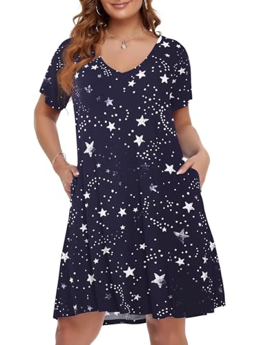 Image of BELAROI Women Casual Summer Dresses Loose Tshirt Beach Sundress V Neck Plus Size Swing Tunic Pockets