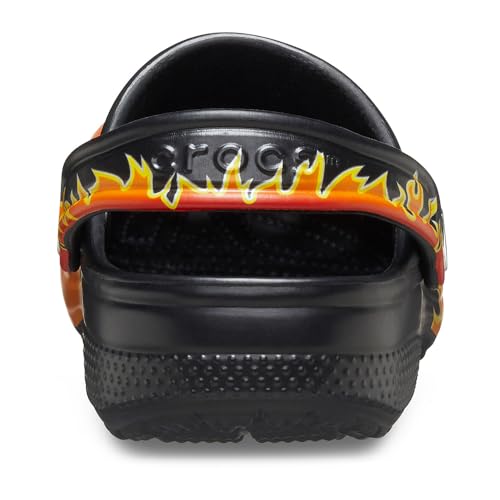Image of Crocs Unisex Classic Clogs with Patterns and Graphics (Little Kid /Big Kid) Black /Multi Flames 11 Medium