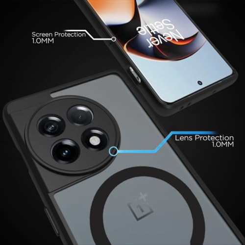 Image of RIGGEAR Shockproof Sleek Hybrid Armor Upgraded C-Shaped Magnetic Back Cover Case Compatible with MagSafe Accessories for OnePlus 11R (Smoke Black Matte PC + Black TPU Bumper)