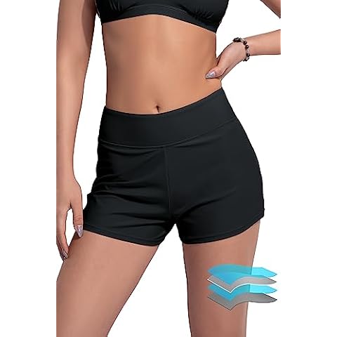Beautikini Period Swimwear Menstrual Leakproof Swim Shorts Quick Dry 3" High Waisted Bathing Suit Bottoms for Girls Teens Black Cover