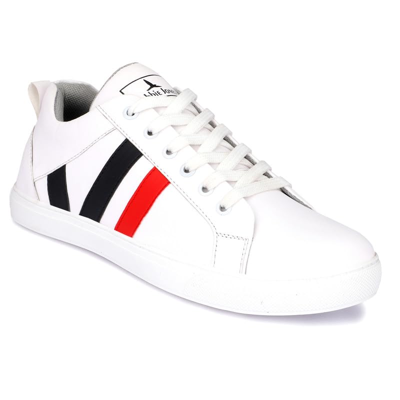 Robbie jones Mens Three Strip White Sneakers Polyurethane (PU) Platform (B0CCMBVY6M) Amazon Price History, Amazon Price Tracker